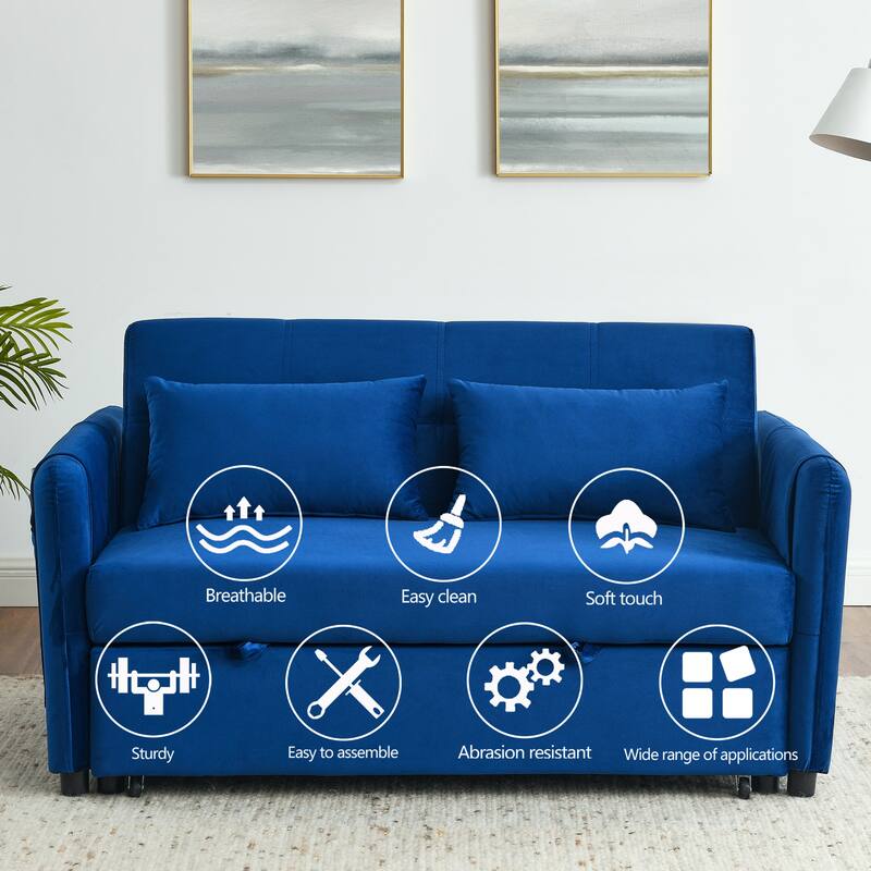 54" Convertible Sleeper Sofa Bed 3in1 Velvet Pullout Sofa w/Pillows